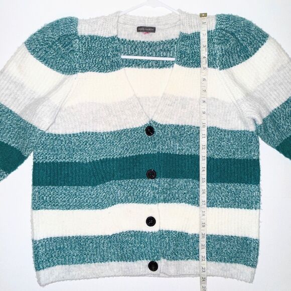 Vince Camuto Puff Sleeve Cardigan Button Front Knit Teal Grey Cream Striped L - Picture 7 of 10